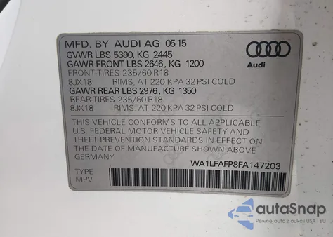 2015 Audi Q5 2.0T Premium from USA, damaged, VIN WA1LFAFP8FA147203